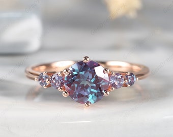 Unique Round Cut Alexandrite Engagement Ring, Vintage June Birthstone 14K White Gold 925 Sterling Silver Wedding Promise Ring, 5 stones Ring