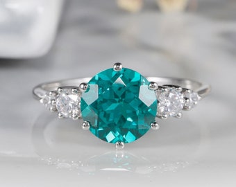 Vintage Blueish Green Paraiba Tourmaline Engagement Ring, Art Deco Round Blue Gemstone 14K White Gold Sterling Silver Wedding Promise Ring