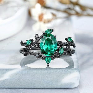 Oval Emerald Engagement Ring Set Antique Nature Inspired Leaf Black Gold Promise Ring For Women Marquise Emerald Wedding Band May Birthstone