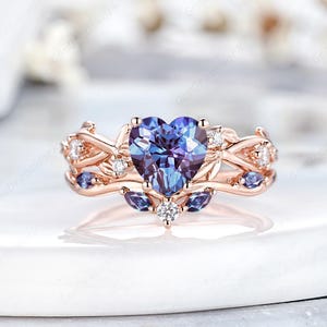 Heart Alexandrite Engagement Ring Set Vintage Nature Inspired Leaf Branch Promise Ring For Women Gold Wedding Ring Anniversary Ring Gifts