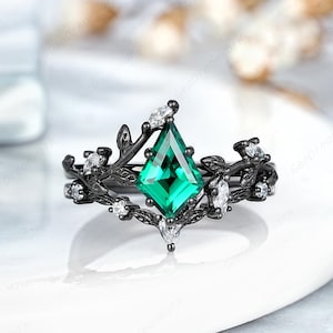 Kite Cut Smaragd Verlobungsring Set Schwarz Gold Blatt Zweig Natur Inspiriert Jubiläum Ringe Für Frauen Gothic Smaragd Versprechen Ehering