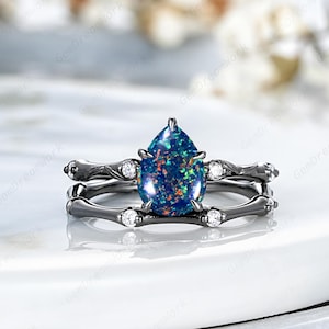 Pear Black Opal Engagement Ring Set Black Gold Bamboo Wedding Rings For Women Gothic Black Fire Opal Anniversary Rings Gift Stacking Rings