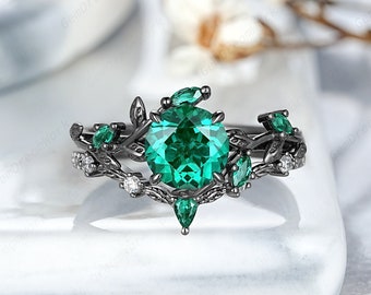 Antique Round Emerald Wedding Ring Set Vintage Leaf Floral Emerald Promise Rings For Women Black Gold Moissanite Wedding Anniversary Rings
