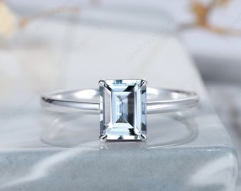 Vintage Emerald Cut Solitaire Aquamarine Engagement Ring, 14K White Solid Gold Dainty Aquamarine Wedding Ring Promise Anniversary Ring Gift