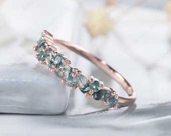 Vintage Marquise Moss Agate Engagement Band, Wedding Band, Half Eternity 14k Rose Gold Moss Agate Matching Band, Anniversary Promise Ring