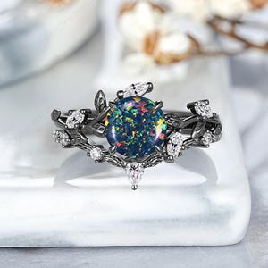 Round Shaped Black Opal Engagement Ring Set Custom Leaf Floral Fire Opal Wedding Rings Gothic Black Gold Anniversary Promise Rings For Women