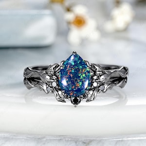 Pear Black Opal Engagement Ring Set Gothic Black Gold Leaf Nature Inspired Wedding Rings For Women Fire Opal Anniversary Ring Gifts For Her