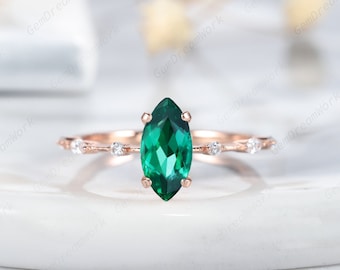 Vintage Marquise Emerald Promise Ring, 14K Rose Gold Hidden Halo Moissanite Engagement Wedding Ring Unique Sterling Silver Anniversary Ring