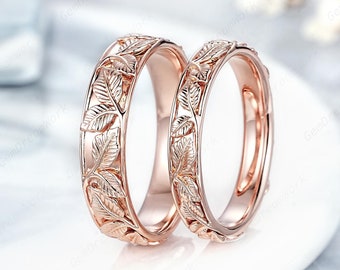Vintage Leaf Design Couple Ring Set 14k Gold Nature Inspired Full Eternity His And Hers Wedding Bands Custom Promise Rings For Women And Men