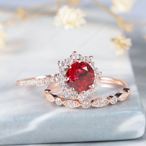 Dainty Round Ruby Engagement Ring Set, Ruby Floral Halo Moissanite Bridal Set, Vintage 14K Rose Gold Straight Wedding Band Promise Ring Gift