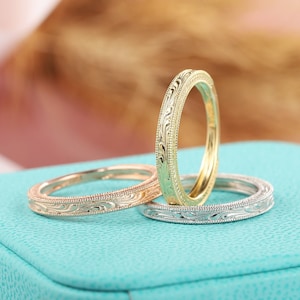 Vintage Filigree Wedding Band 14K Gold Vermeil Matching Band Handmade Engraving Stacking Anniversary Rings For Women Dainty Milgrain Band