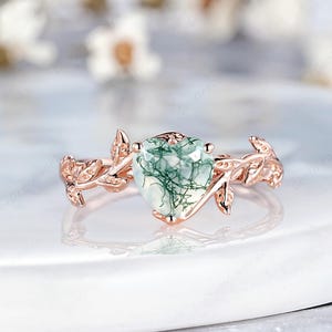 Solitaire Heart Moss Agate Engagement Ring Vintage Leaf Flower Nature Inspired Wedding Anniversary Ring 14k Gold Promise Rings For Women