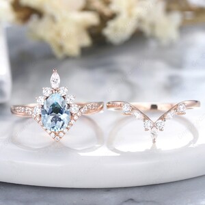 Pear Aquamarine Engagement Ring Set, 14K Rose Gold Aquamarine Halo Wedding Set, Curved Moissanite Wedding Band, Bridal Set Promise Ring Gift