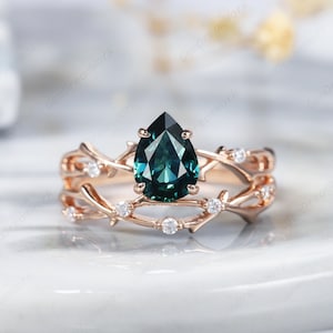 Pear Teal Sapphire Engagement Ring Set, 14K Rose Gold Blue Green Sapphire Wedding Ring Set Diamond Promise Anniversary Rings for Women