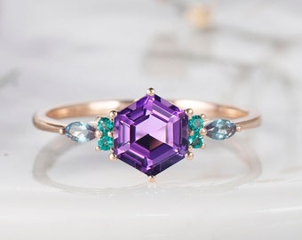 Vintage Hexagon Cut Amethyst Ring, einzigartiger Rose Gold Marquise Alexandrit Smaragd Versprechen Ring, Februar Birthstone Verlobungsring