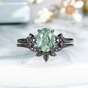 Natural Oval Moss Agate Engagement Ring Set Gothic Black Gold Women Wedding Rings  Vintage Leaf Wedding Band Custom Anniversary Promise Ring
