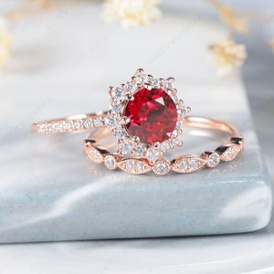 7mm Round Ruby Engagement Ring Set, Floral Halo Moissanite Wedding Rings for Women, Vintage 14K Gold Straight Wedding Band Promise Ring Gift