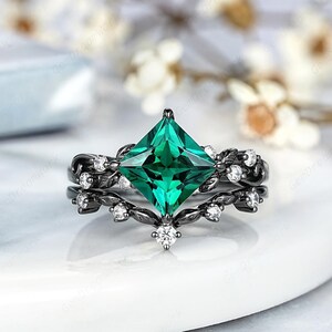 Princess Cut Emerald Engagement Ring Set, Black Gold Gothic Emerald Wedding Rings For Women, Leaf Nature Inspired Moissanite Promise Rings