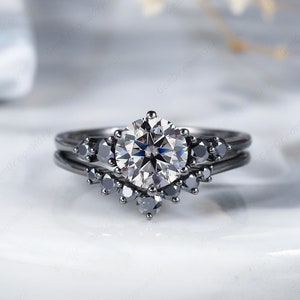 Vintage Round Gray Moissanite Black Gold Engagement Ring Set, Unique Black Gold Grey Moissanite Wedding Ring Set Rhodium Black Promise Ring