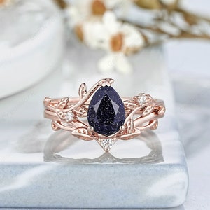 Pear Cut Blue Galaxy Sandstone Wedding Ring Set Vintage Leaf Moissanite Diamond Engagement Ring 14k Gold Anniversary Promise Rings For Women