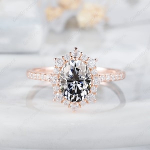 Vintage Oval Gray Moissanite Engagement Ring, Unique 14K Rose Gold Grey Moissanite Promise Ring,  Floral Halo Wedding Ring Gift for her