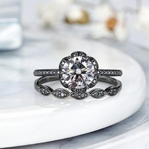 Round Gray Moissanite Engagement Ring Set Black Gold Anniversary Rings For Women Black Moissanite Halo Wedding Ring Straight Stacking Ring