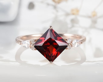 Vintage Princess Cut Garnet Engagement Ring, Unique Rose Gold /Silver Marquise Moissanite Wedding Promise Anniversary Ring Gift for Women
