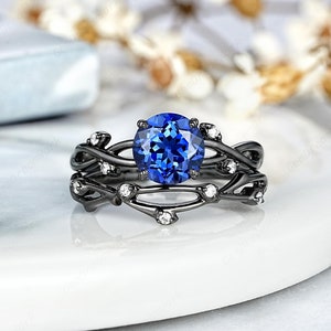 Round Cornflower Blue Sapphire Engagement Rings Set, Gothic Leaf Nature Inspired Moissanite Wedding Ring, Black Gold Women Promise Ring Gift
