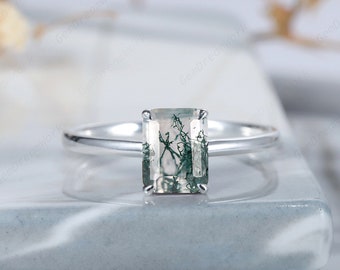 Solitaire Natural Moss Agate  Engagement Ring Unique Emerald Cut 14K White Gold Moss Agate Wedding Ring, Minimalist Promise Ring for Her