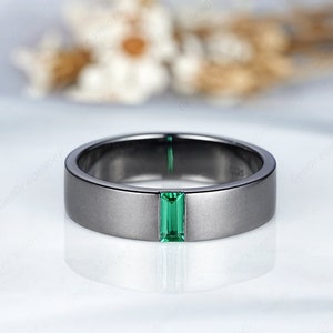 Baguette Emerald Black Gold Men Wedding Band Minimalist 5mm Men Wedding Ring Emerald Stacking Matching Couple Ring Anniversary Rings For Men