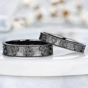 Celtic Spiral Knot Wedding Rings For Women And Men Black Gold Couple Rings Set Milgrain His And Hers Wedding Bands Stacking Men Rings Gifts