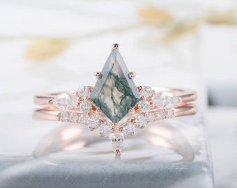 Kite Cut Nature Moss Agate Engagement Ring Set, Marquise Moissanite Cluster Wedding Ring Bridal Set, 14k Rose Gold Promise Rings for Women