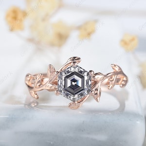 Vintage Hexagon Gray Moissanite Wedding Ring, Unique 14K Gold Grey Moissanite Promise Rings for Women, Nature Inspired Twig Engagement Ring