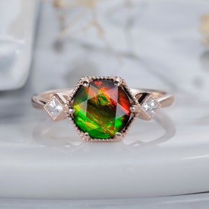 Natural Canada Ancient Ammolite Engagement Ring, Vintage Round Ammolite Wedding Promise Ring, Art Deco 14K Rose Gold Fossil Gem Ring For Her