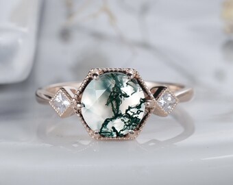 Round Natural Moss Agate Engagement Ring, Vintage 3 Stone Agate Wedding Promise Ring, Minimalist 14K Rose Gold Anniversary Rings For Women