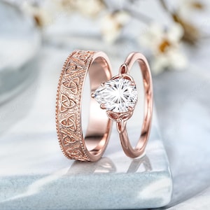 Custom Celtic Knot Couple Ring Set Solitaire Fireworks Cut Moissanite Wedding Rings For Women And Men Norse Viking Mens Ring Wedding Band