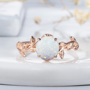 Vintage Round Shaped White Fire Opal Engagement Ring, 14k Gold Leaf Nature Inspired Wedding Promise Ring, Anniversary Rings Gift for Women
