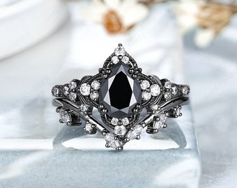 Vintage Black Gold Pear Black Moissanite Engagement Ring Set, Milgrain Halo Moissanite Wedding Ring Set Curve Gold Promise Ring Wedding Band