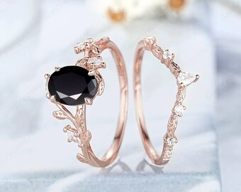 Oval Black Onyx Leaf Natural Inspired Engagement Ring Set Vintage Twig Branch Moissanite Promise Rings For Women 14k Gold Leaf Wedding Band