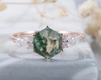 Vintage Hexagon Natural Moss Agate Engagement Ring, 14k Gold Agate Promise Rings for Women, Marquise Moissanite Wedding Anniversary Rings