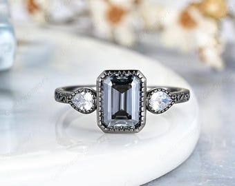 6x8mm Emerald Cut Gray Moissanite Engagement Ring Three Stone Women Wedding Jewelry Black Gold Bezel Milgrain Her Anniversary Promise Ring
