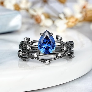 Pear Cornflower Blue Sapphire Engagement Ring Set, Black Gold Twisted Twig Wedding Rings For Women, Gothic September Birthstone Promise Ring