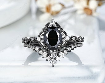 Conjunto de anillos de compromiso de moissanita negro vintage Anillos de promesa de moissanita de racimo de oro negro para mujeres Joyería de anillo de bodas de aniversario gótico