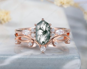 Unique Long Hexagon Marquise Moss Agate Engagement Ring Set, Vintage Rose Gold Moss Agate Promise Ring Wedding Ring Bridal Set Gift for her