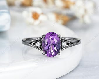 6x8mm Oval Amethyst Engagement Ring Black Gold Gothic Celtic Knot Amethyst Wedding Rings For Women Norse Viking Anniversary Promise Ring