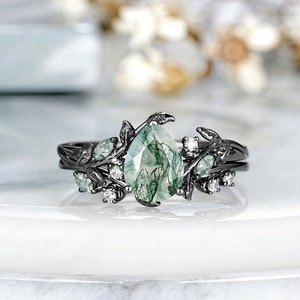 Vintage Pear Nature Moss Agate Engagement Ring Set, Black Gold Leaf Nature Inspired Wedding Rings, Green Crystal Anniversary Rings For Women