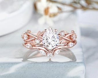 Fireworks Moissanite Wedding Ring Set Custom Leaf Branch Nature Inspired Promise Ring 14k Rose Gold Moissanite Engagement Ring For Women