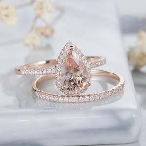 Vintage Pear Peach Morganite Engagement Ring Set, 14K Rose Gold Moissanite Cluster Wedding Rings, Custom Straight Promise Ring Wedding Band