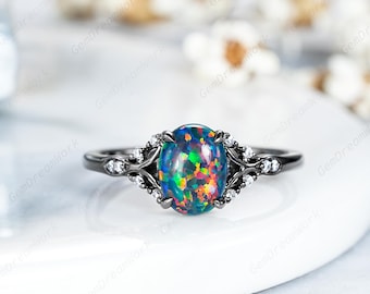 Oval Shape Black Fire Opal Engagement Ring Gothic Black Gold Opal Wedding Rings Personalized Moissanite Cluster Anniversary Ring Women Rings