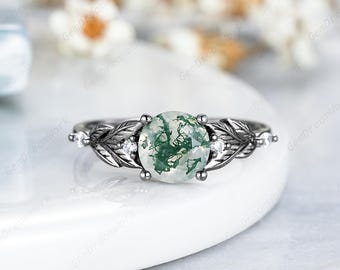 7mm Round Shaped Moss Agate Engagement Ring Black Gold Leaf Nature Inspired Agate Wedding Ring Personalized Women Anniversary Promise Rings